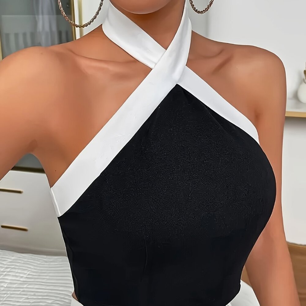 Black Trim Backless Crisscross Tank Top, Elegant Halter Neck Sleeveless Top